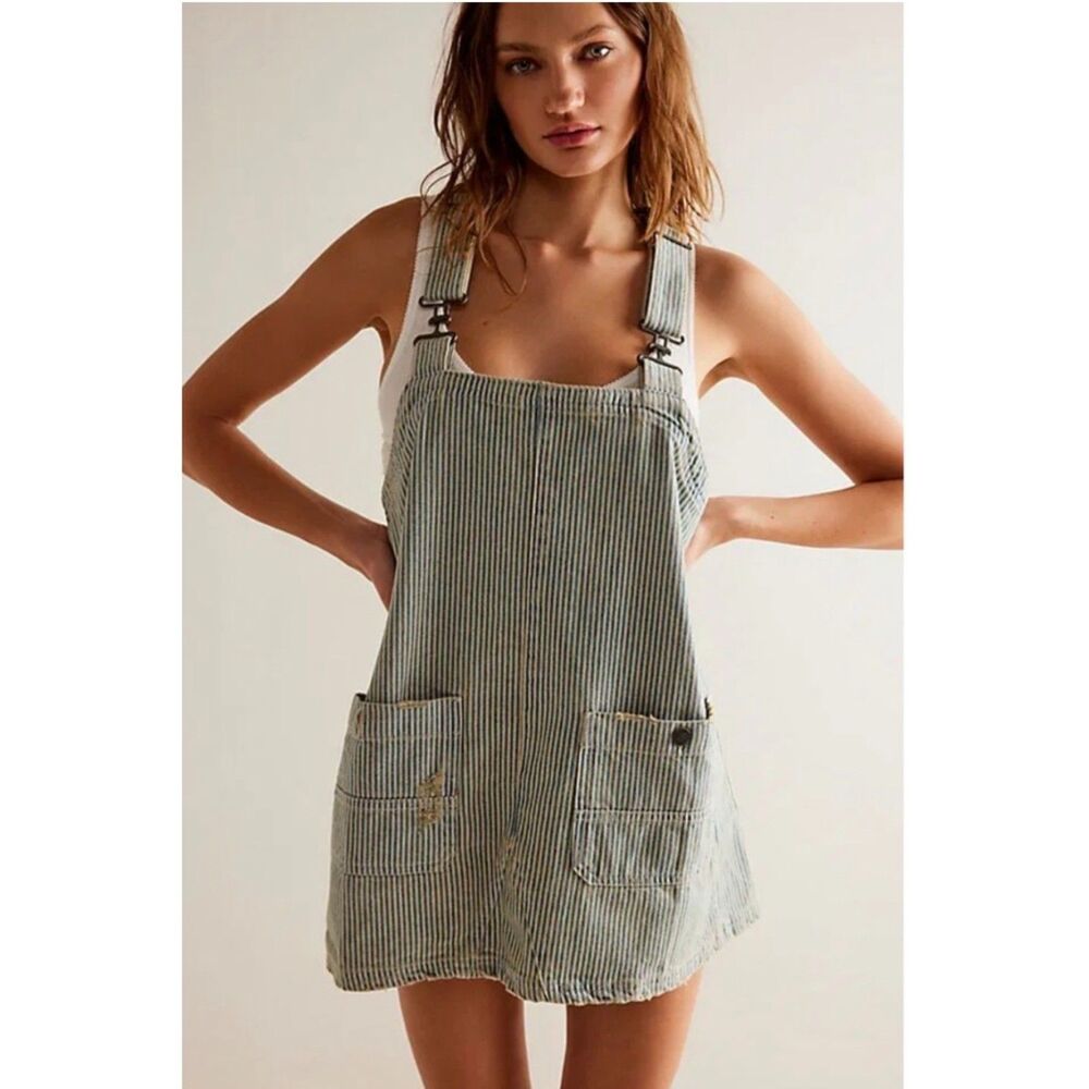 Free People | Striped overall denim distressed dress sz Small